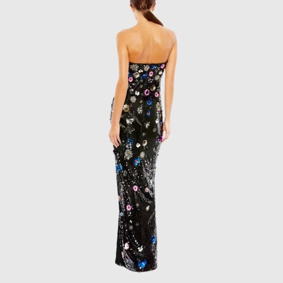 Mac Duggal Size 2 Black‎ Floral Sequined Strapless Column Long Maxi Dress Gown - Picture 7 of 7
